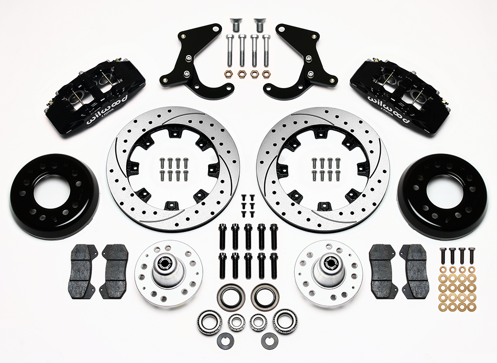 Wilwood Forged Dynapro 6 Big Brake Front Brake Kit (Hub) Parts Laid Out - Black Powder Coat Caliper - SRP Drilled & Slotted Rotor