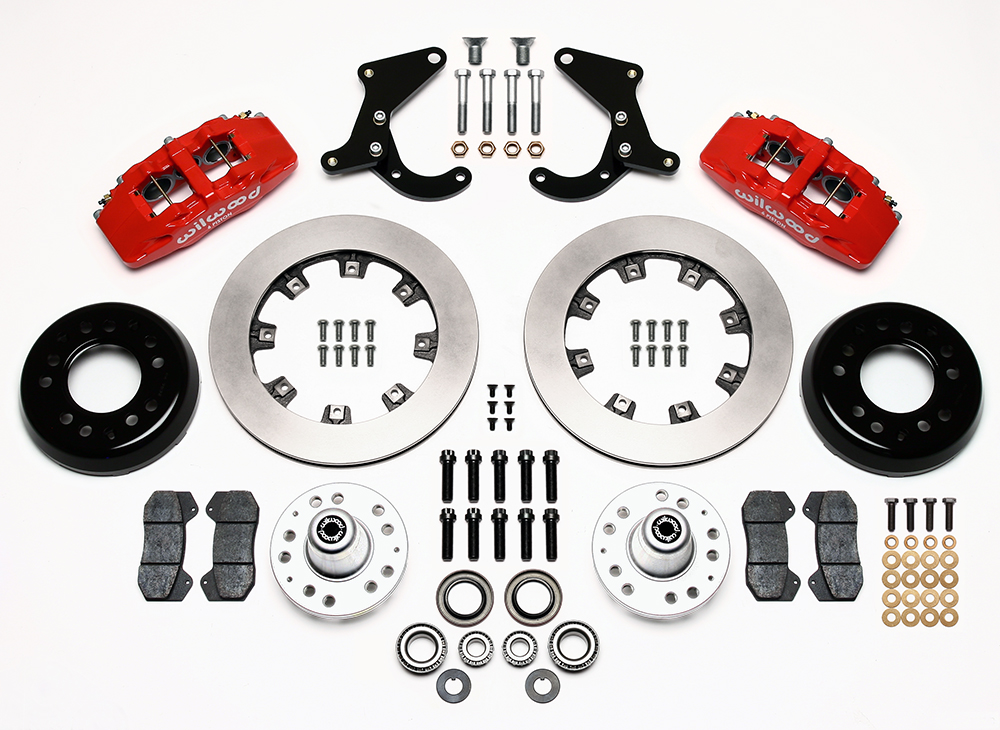 Wilwood Forged Dynapro 6 Big Brake Front Brake Kit (Hub) Parts Laid Out - Red Powder Coat Caliper - Plain Face Rotor