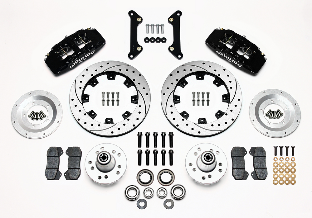 Wilwood Forged Dynapro 6 Big Brake Front Brake Kit (Hub) Parts Laid Out - Black Powder Coat Caliper - SRP Drilled & Slotted Rotor