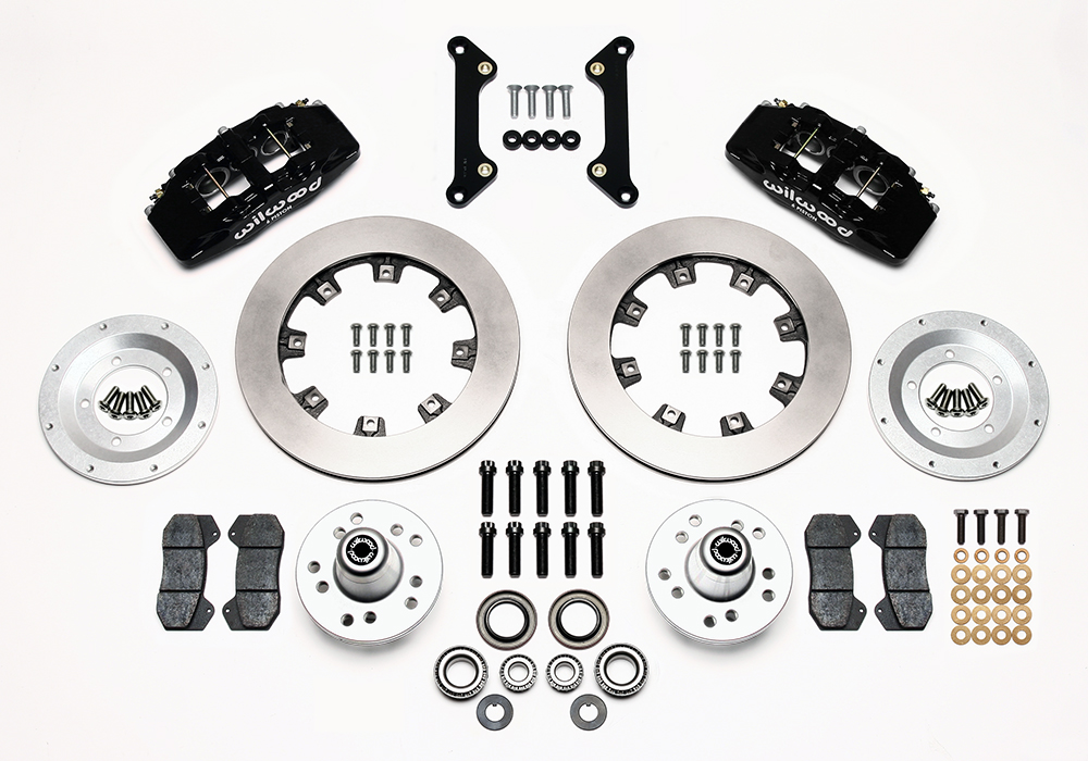 Wilwood Forged Dynapro 6 Big Brake Front Brake Kit (Hub) Parts Laid Out - Black Powder Coat Caliper - Plain Face Rotor