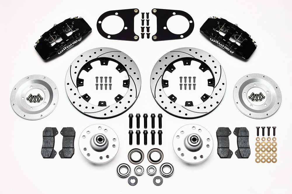 Wilwood Forged Dynapro 6 Big Brake Front Brake Kit (Hub) Parts Laid Out - Black Powder Coat Caliper - SRP Drilled & Slotted Rotor