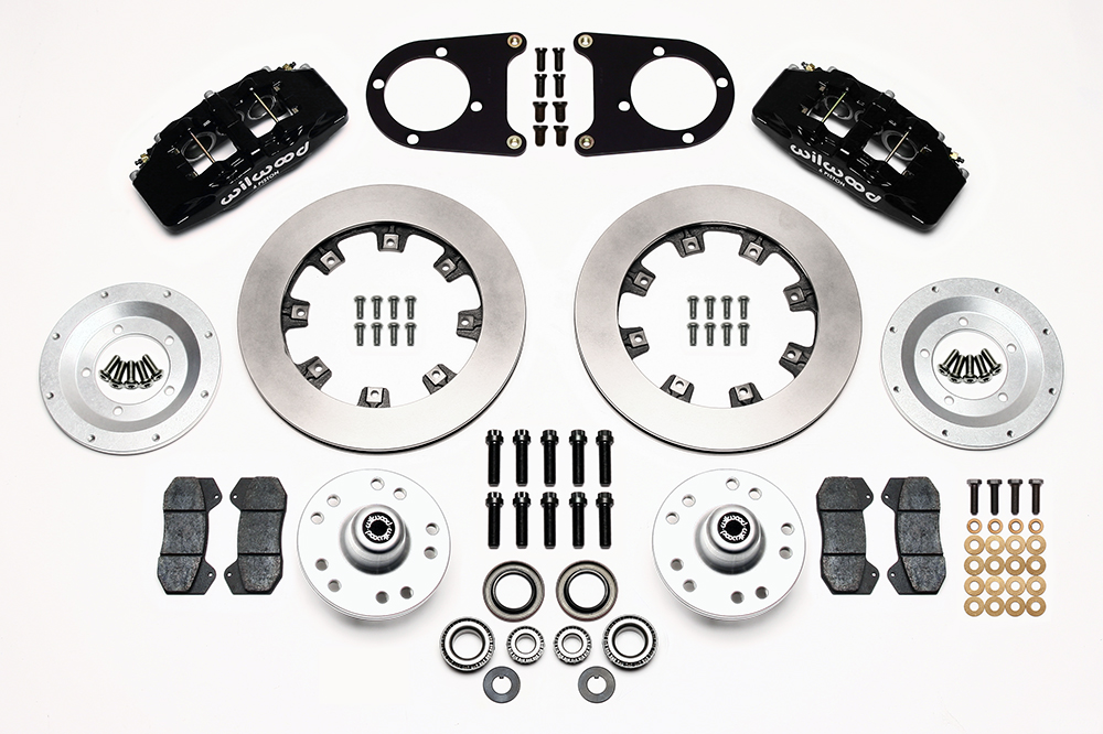 Wilwood Forged Dynapro 6 Big Brake Front Brake Kit (Hub) Parts Laid Out - Black Powder Coat Caliper - Plain Face Rotor