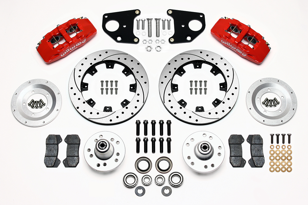 Wilwood Forged Dynapro 6 Big Brake Front Brake Kit (Hub) Parts Laid Out - Red Powder Coat Caliper - SRP Drilled & Slotted Rotor