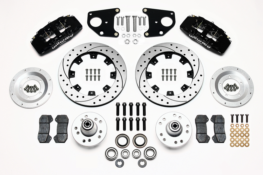 Wilwood Forged Dynapro 6 Big Brake Front Brake Kit (Hub) Parts Laid Out - Black Powder Coat Caliper - SRP Drilled & Slotted Rotor