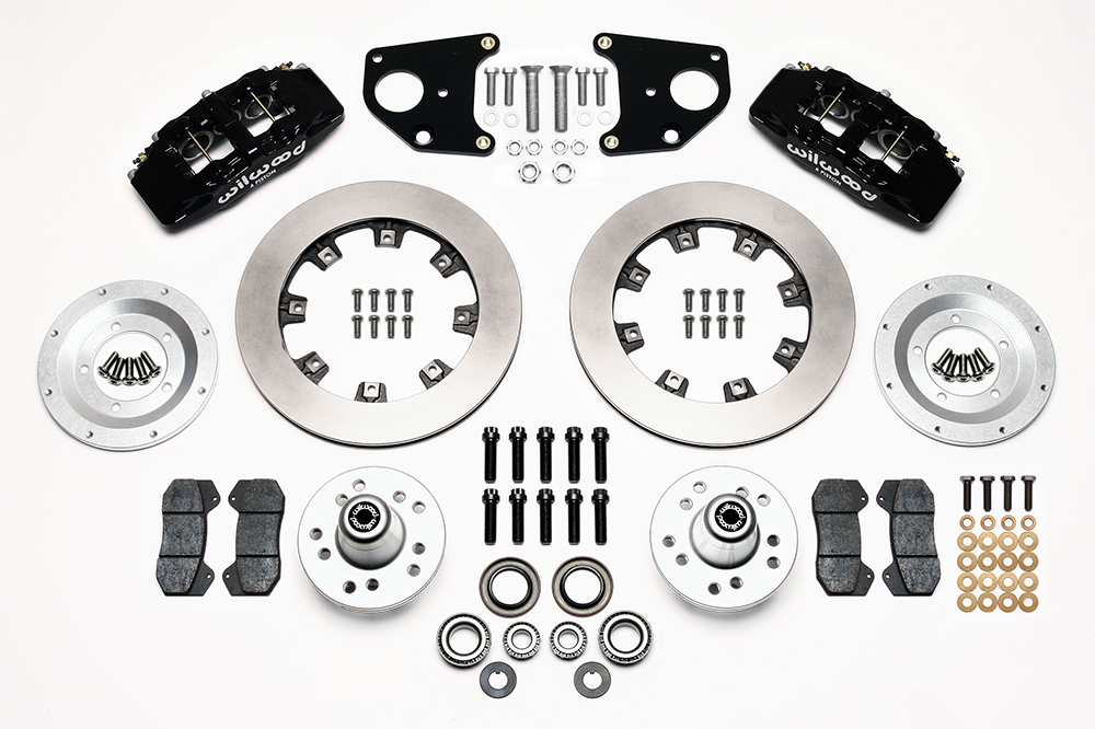 Wilwood Forged Dynapro 6 Big Brake Front Brake Kit (Hub) Parts Laid Out - Black Powder Coat Caliper - Plain Face Rotor