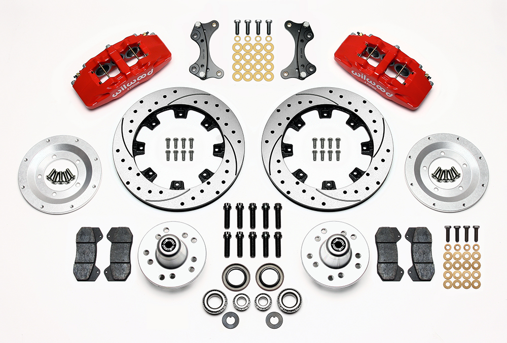 Wilwood Forged Dynapro 6 Big Brake Front Brake Kit (Hub) Parts Laid Out - Red Powder Coat Caliper - SRP Drilled & Slotted Rotor