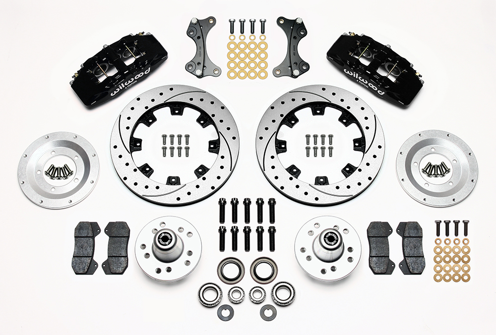 Wilwood Forged Dynapro 6 Big Brake Front Brake Kit (Hub) Parts Laid Out - Black Powder Coat Caliper - SRP Drilled & Slotted Rotor