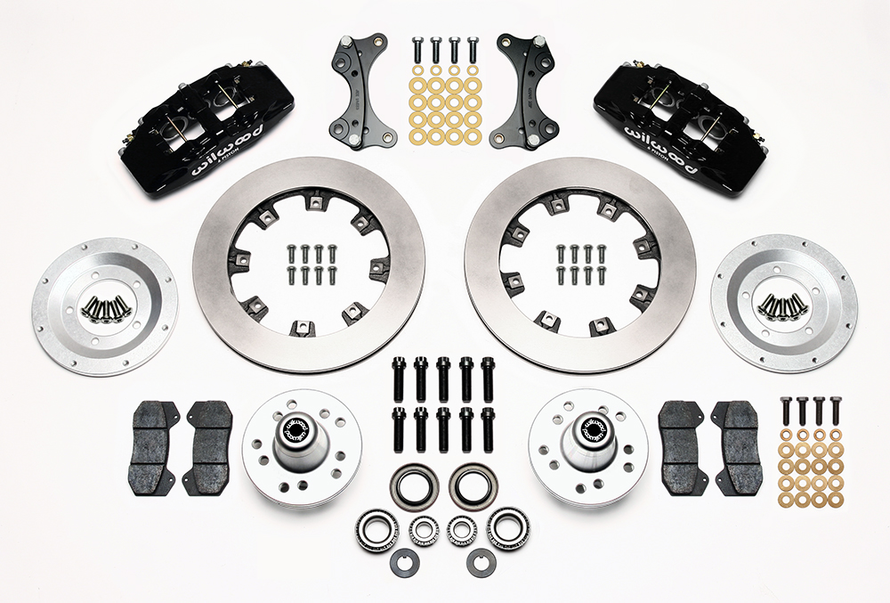 Wilwood Forged Dynapro 6 Big Brake Front Brake Kit (Hub) Parts Laid Out - Black Powder Coat Caliper - Plain Face Rotor