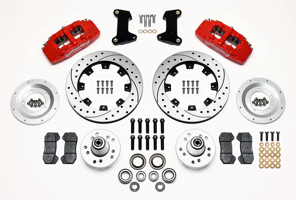 Wilwood Forged Dynapro 6 Big Brake Front Brake Kit (Hub) Parts Laid Out - Red Powder Coat Caliper - SRP Drilled & Slotted Rotor