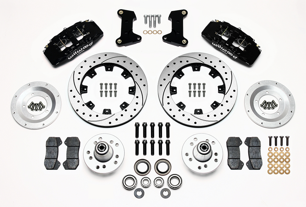 Wilwood Forged Dynapro 6 Big Brake Front Brake Kit (Hub) Parts Laid Out - Black Powder Coat Caliper - SRP Drilled & Slotted Rotor