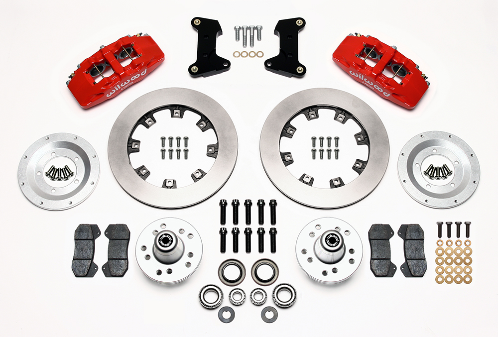 Wilwood Forged Dynapro 6 Big Brake Front Brake Kit (Hub) Parts Laid Out - Red Powder Coat Caliper - Plain Face Rotor