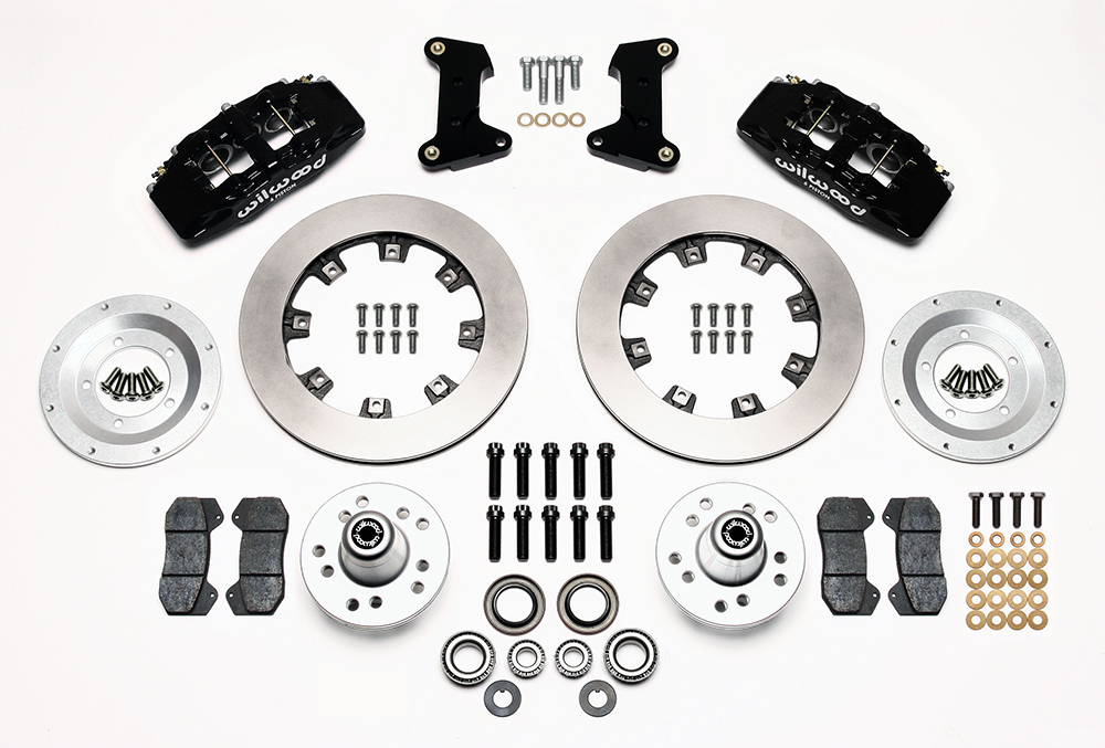 Wilwood Forged Dynapro 6 Big Brake Front Brake Kit (Hub) Parts Laid Out - Black Powder Coat Caliper - Plain Face Rotor