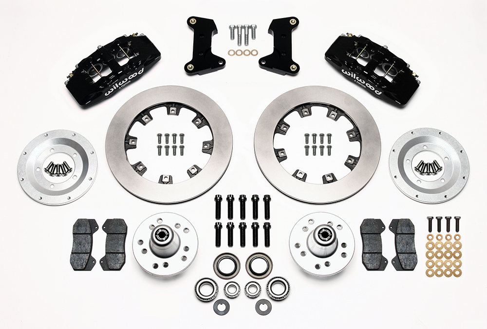 Wilwood Forged Dynapro 6 Big Brake Front Brake Kit (Hub) Parts Laid Out - Black Powder Coat Caliper - Plain Face Rotor