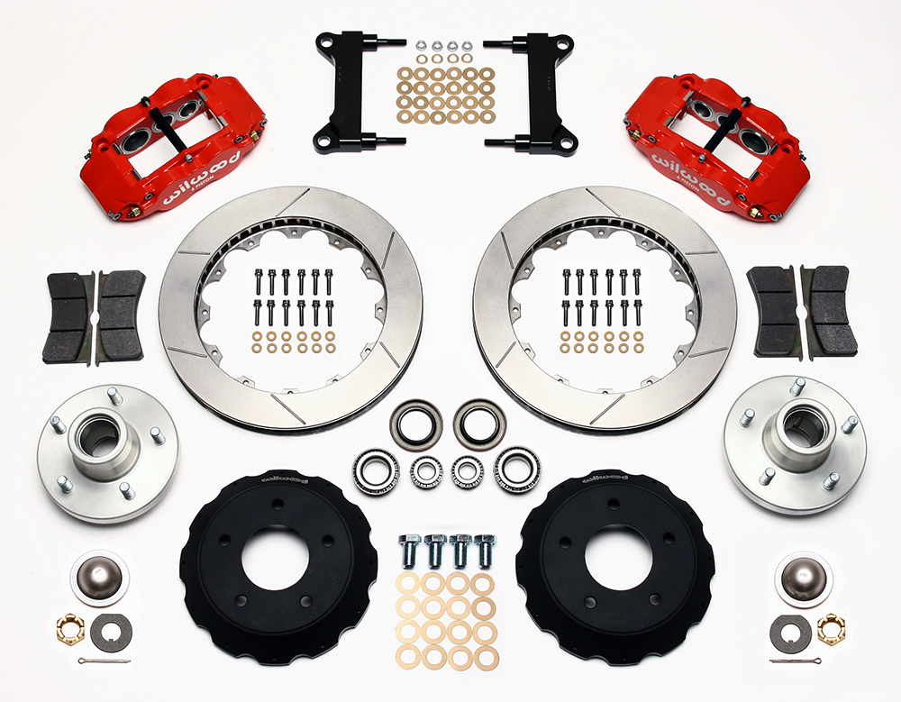 Wilwood Forged Narrow Superlite 6R Big Brake Front Brake Kit (Hub) Parts Laid Out - Red Powder Coat Caliper - GT Slotted Rotor