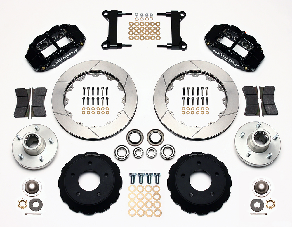 Wilwood Forged Narrow Superlite 6R Big Brake Front Brake Kit (Hub) Parts Laid Out - Black Powder Coat Caliper - GT Slotted Rotor