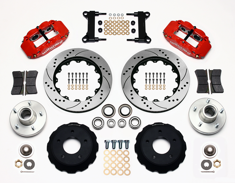 Wilwood Forged Narrow Superlite 6R Big Brake Front Brake Kit (Hub) Parts Laid Out - Red Powder Coat Caliper - SRP Drilled & Slotted Rotor