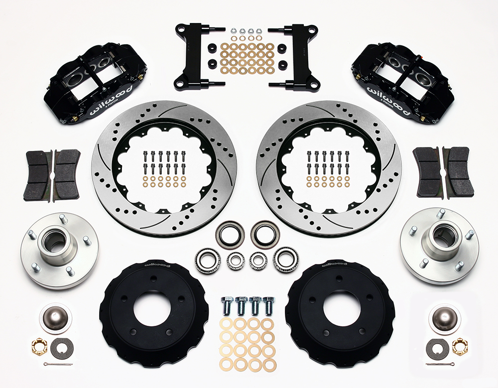 Wilwood Forged Narrow Superlite 6R Big Brake Front Brake Kit (Hub) Parts Laid Out - Black Powder Coat Caliper - SRP Drilled & Slotted Rotor