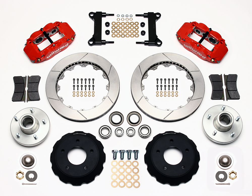 Wilwood Forged Narrow Superlite 6R Big Brake Front Brake Kit (Hub) Parts Laid Out - Red Powder Coat Caliper - GT Slotted Rotor