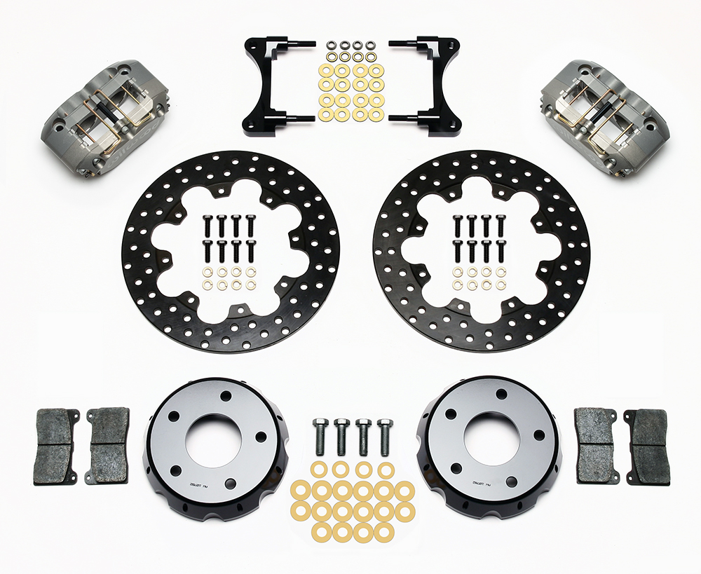Wilwood Dynapro Radial Front Drag Brake Kit Parts Laid Out - Type III Ano Caliper - Drilled Rotor