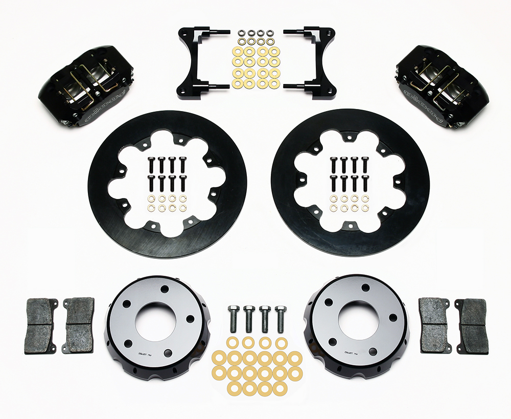 Wilwood Dynapro Radial Front Drag Brake Kit Parts Laid Out - Type III Anodize Caliper - Plain Face Rotor