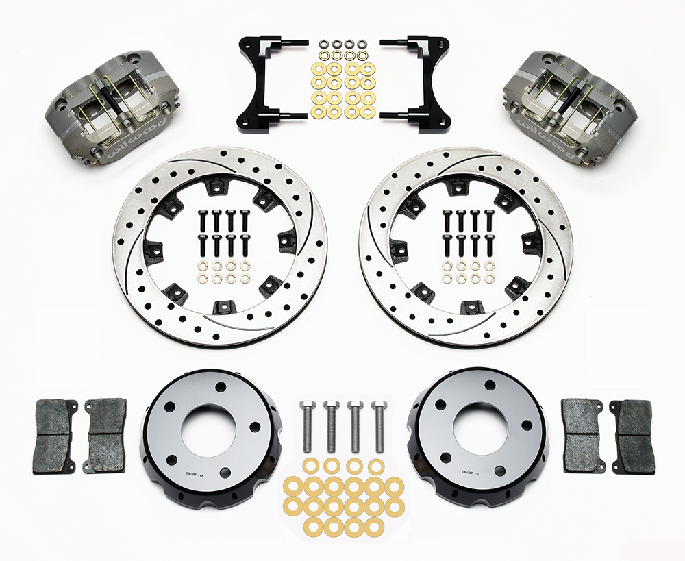 Wilwood Dynapro Radial Front Drag Brake Kit Parts Laid Out - Type III Anodize Caliper - SRP Drilled & Slotted Rotor