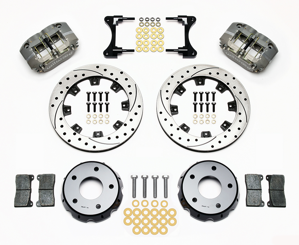 Wilwood Dynapro Radial Front Pro-Street Brake Kit Parts Laid Out - Type III Anodize Caliper - SRP Drilled & Slotted Rotor