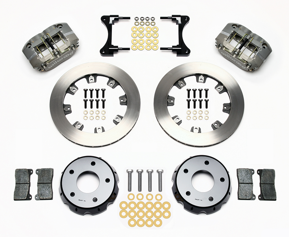 Wilwood Dynapro Radial Front Drag Brake Kit Parts Laid Out - Type III Anodize Caliper - Plain Face Rotor