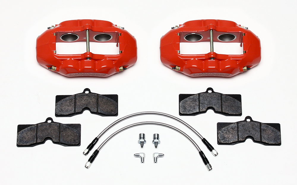 Wilwood D8-4 Front Replacement Caliper Kit Parts Laid Out - Red Powder Coat Caliper