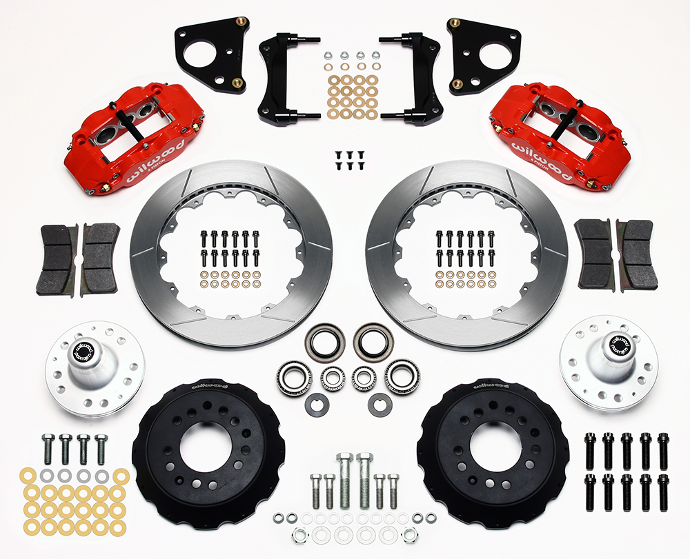 Wilwood Forged Narrow Superlite 6R Big Brake Front Brake Kit (Hub) Parts Laid Out - Red Powder Coat Caliper - GT Slotted Rotor