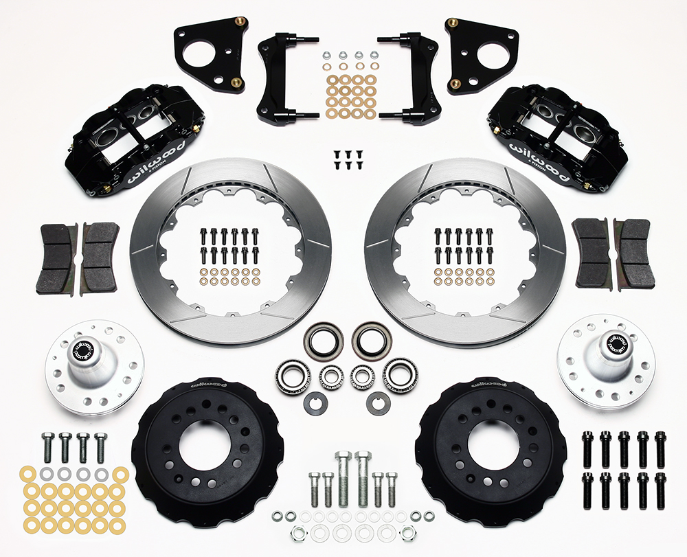 Wilwood Forged Narrow Superlite 6R Big Brake Front Brake Kit (Hub) Parts Laid Out - Black Powder Coat Caliper - GT Slotted Rotor