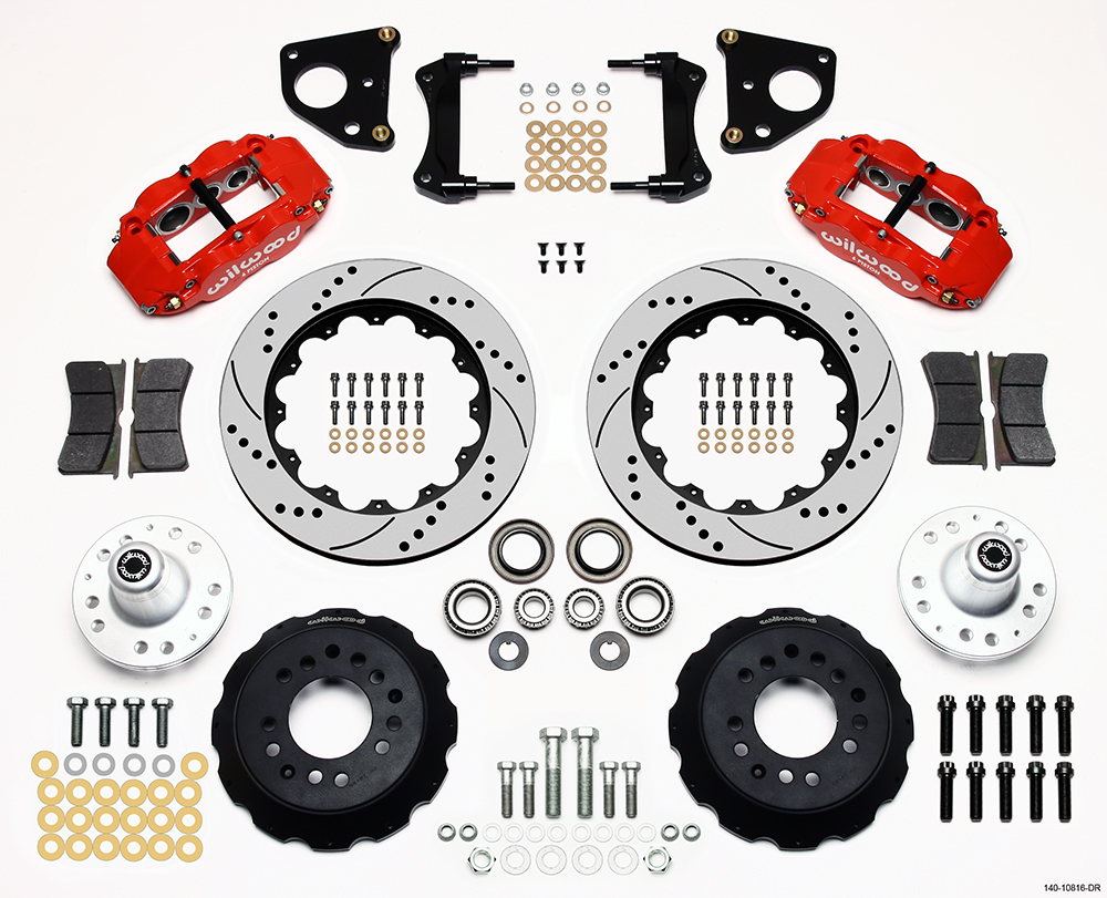 Wilwood Forged Narrow Superlite 6R Big Brake Front Brake Kit (Hub) Parts Laid Out - Red Powder Coat Caliper - SRP Drilled & Slotted Rotor