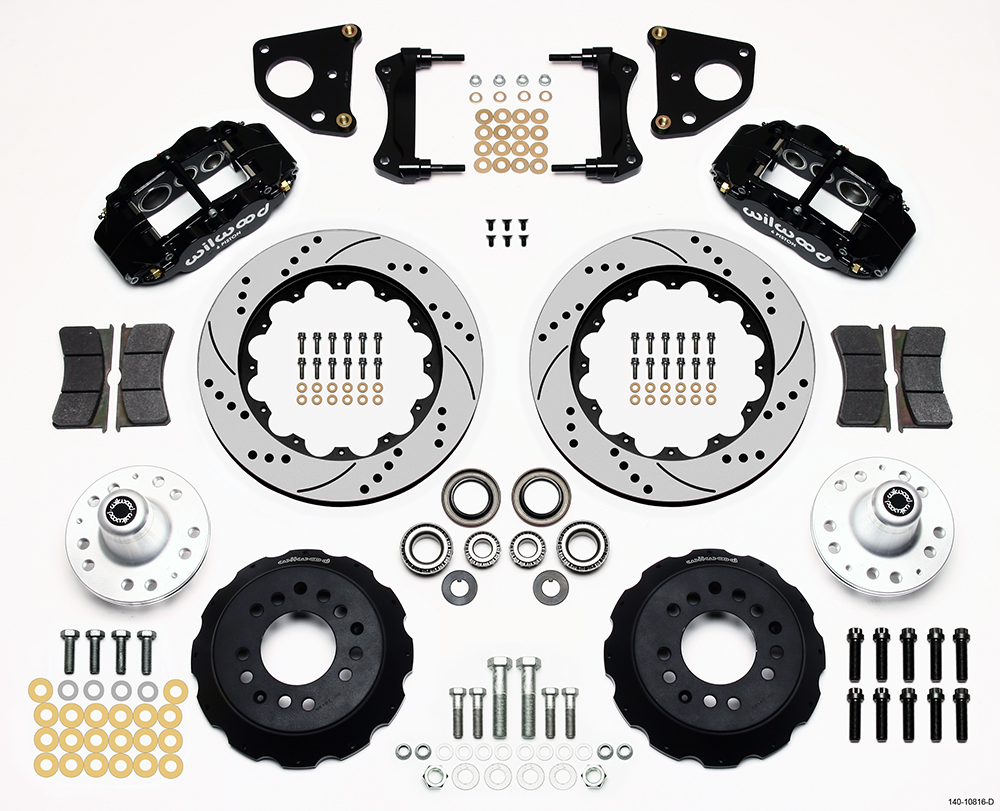 Wilwood Forged Narrow Superlite 6R Big Brake Front Brake Kit (Hub) Parts Laid Out - Black Powder Coat Caliper - SRP Drilled & Slotted Rotor