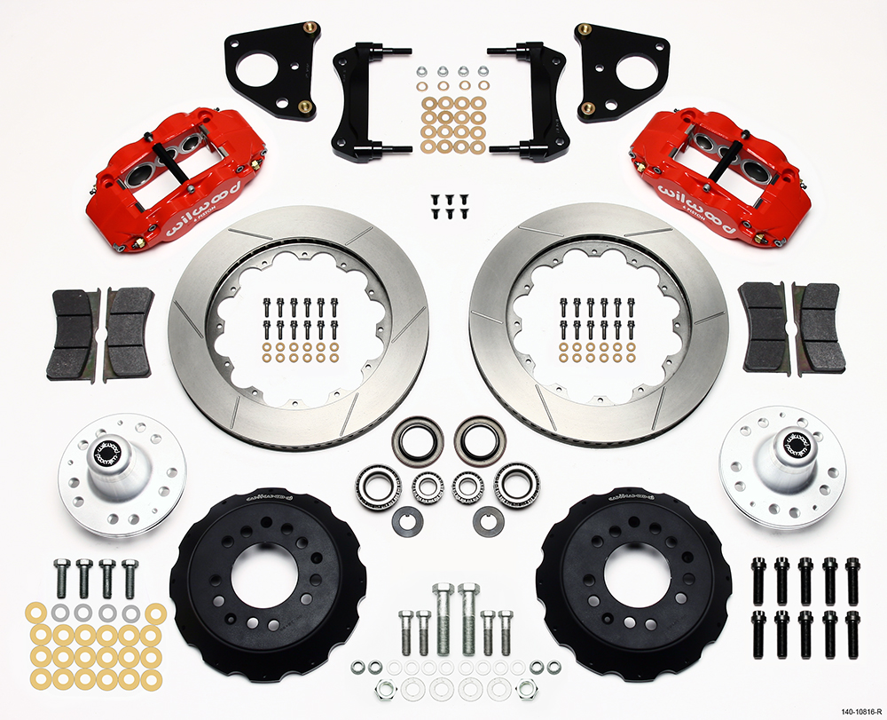 Wilwood Forged Narrow Superlite 6R Big Brake Front Brake Kit (Hub) Parts Laid Out - Red Powder Coat Caliper - GT Slotted Rotor