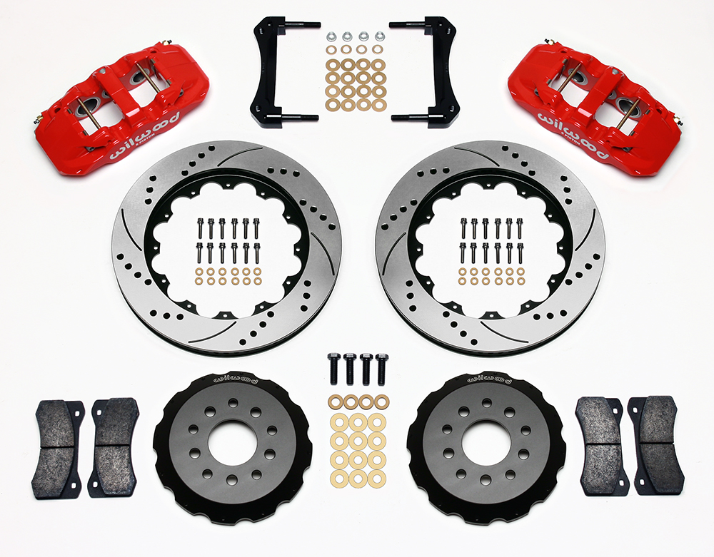 Wilwood AERO6 Big Brake Front Brake Kit Parts Laid Out - Red Powder Coat Caliper - SRP Drilled & Slotted Rotor