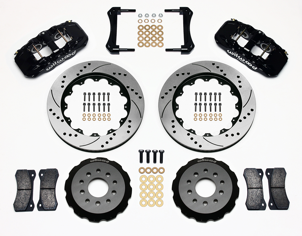 Wilwood AERO6 Big Brake Front Brake Kit Parts Laid Out - Black Powder Coat Caliper - SRP Drilled & Slotted Rotor