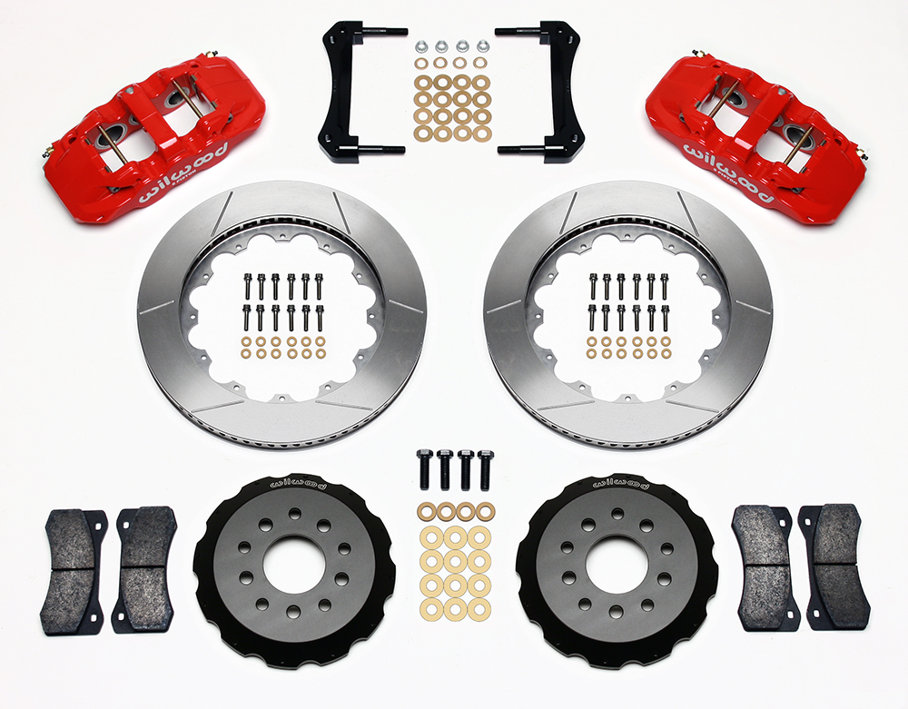 Wilwood AERO6 Big Brake Front Brake Kit Parts Laid Out - Red Powder Coat Caliper - GT Slotted Rotor