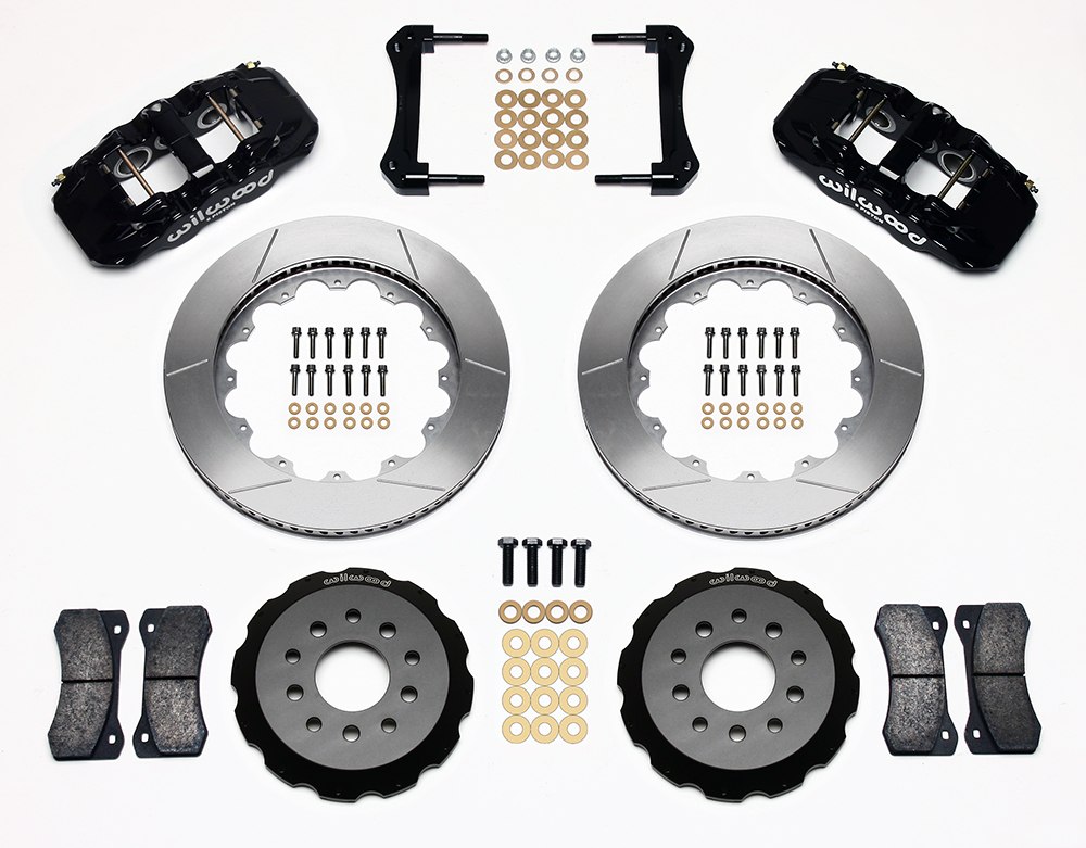 Wilwood AERO6 Big Brake Front Brake Kit Parts Laid Out - Black Powder Coat Caliper - GT Slotted Rotor
