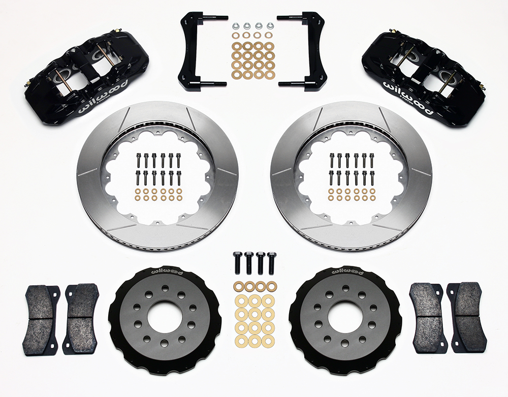 Wilwood AERO6 Big Brake Front Brake Kit Parts Laid Out - Black Powder Coat Caliper - GT Slotted Rotor