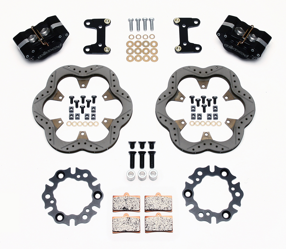 Wilwood GP320 Midget Front Brake Kit Parts Laid Out - Type III Anodize Caliper - Drilled Rotor