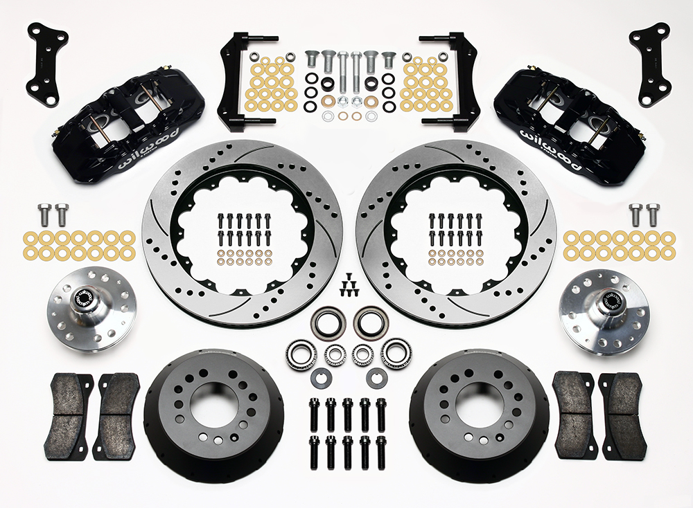 Wilwood AERO6 Big Brake Front Brake Kit Parts Laid Out - Black Powder Coat Caliper - SRP Drilled & Slotted Rotor