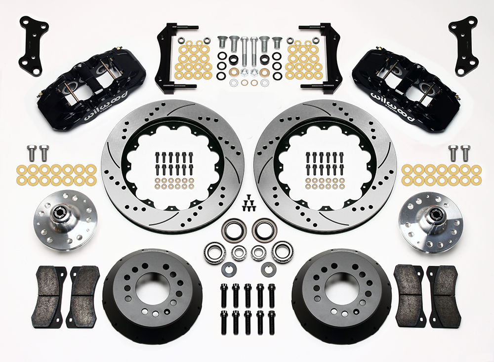 Wilwood AERO6 Big Brake Front Brake Kit Parts Laid Out - Black Powder Coat Caliper - SRP Drilled & Slotted Rotor