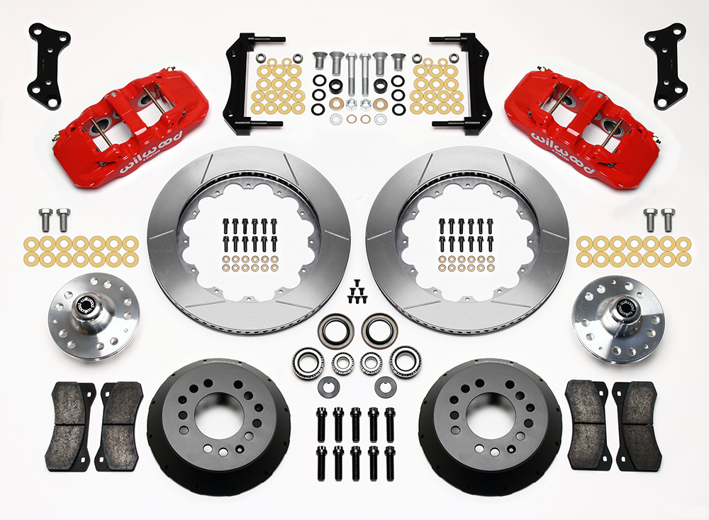 Wilwood AERO6 Big Brake Front Brake Kit Parts Laid Out - Red Powder Coat Caliper - GT Slotted Rotor