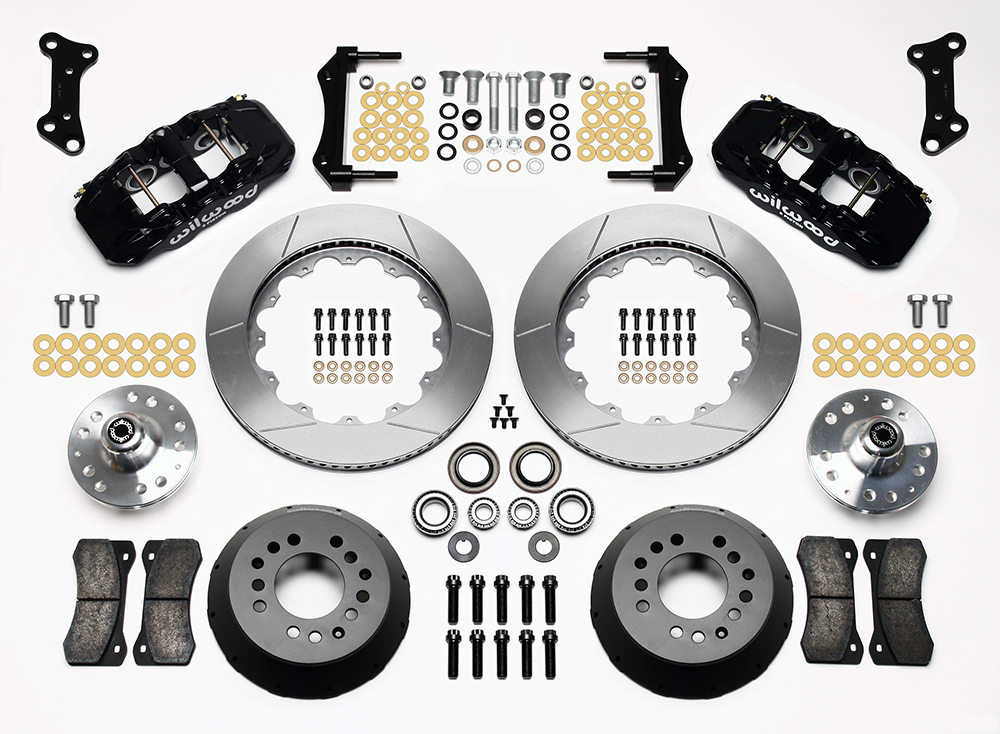 Wilwood AERO6 Big Brake Front Brake Kit Parts Laid Out - Black Powder Coat Caliper - GT Slotted Rotor