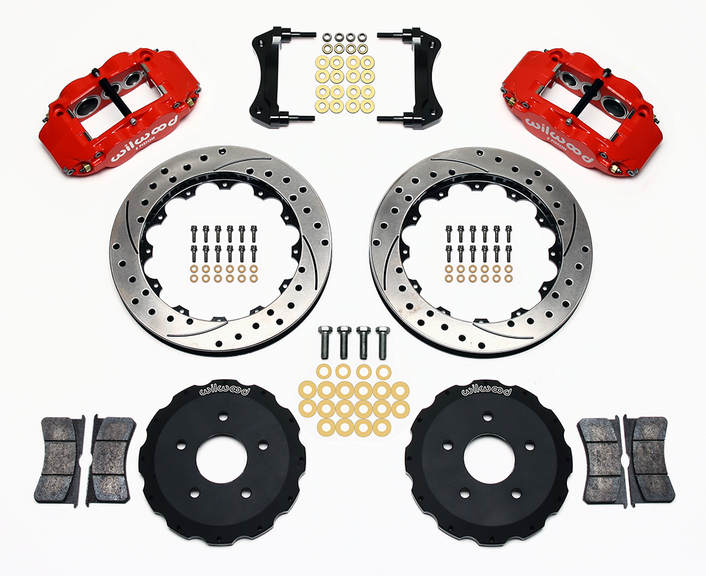 Wilwood Forged Narrow Superlite 6R Big Brake Front Brake Kit (Hat) Parts Laid Out - Red Powder Coat Caliper - SRP Drilled & Slotted Rotor