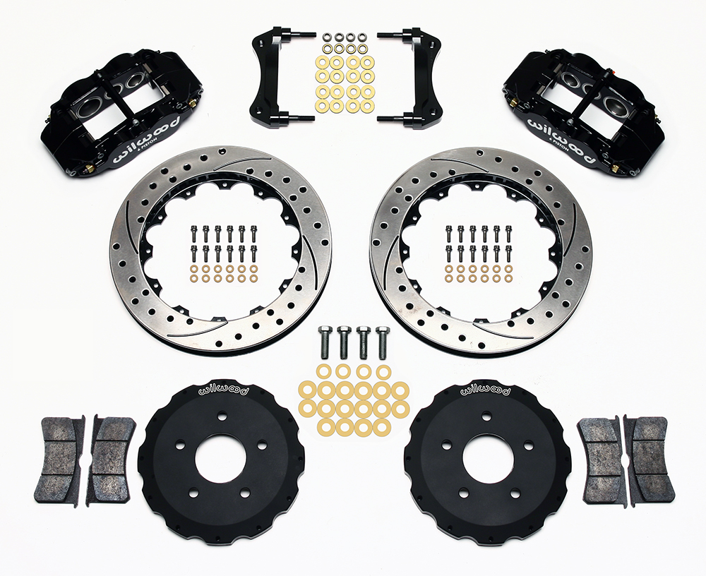 Wilwood Forged Narrow Superlite 6R Big Brake Front Brake Kit (Hat) Parts Laid Out - Black Powder Coat Caliper - SRP Drilled & Slotted Rotor