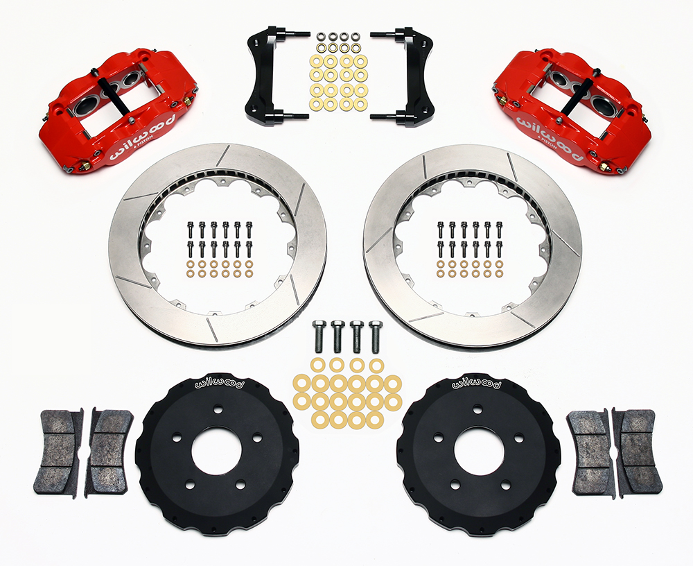 Wilwood Forged Narrow Superlite 6R Big Brake Front Brake Kit (Hat) Parts Laid Out - Red Powder Coat Caliper - GT Slotted Rotor