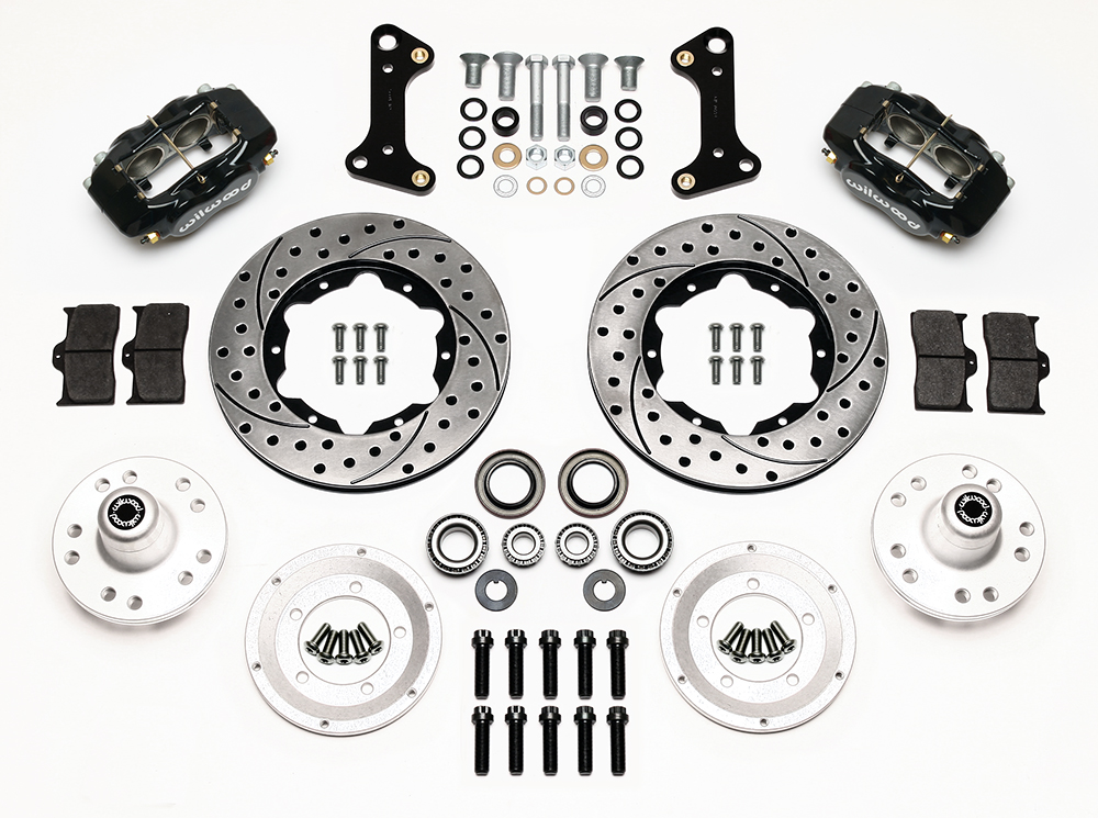 Wilwood Forged Dynalite Pro Series Front Brake Kit Parts Laid Out - Black Powder Coat Caliper - SRP Drilled & Slotted Rotor