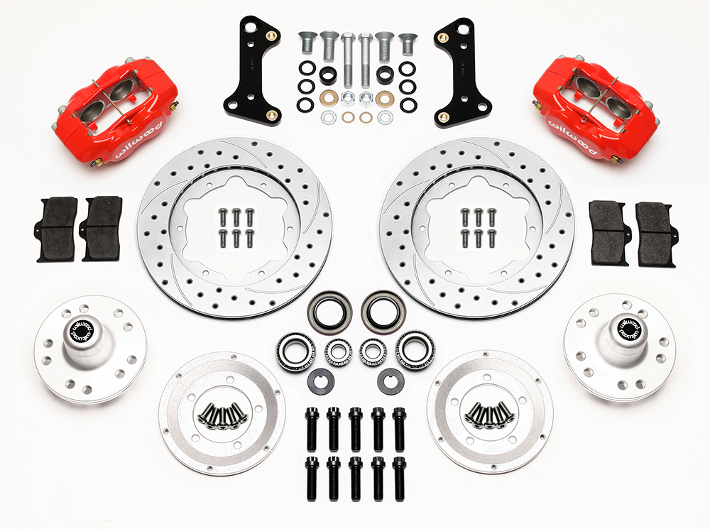 Wilwood Forged Dynalite Pro Series Front Brake Kit Parts Laid Out - Red Powder Coat Caliper - SRP Drilled & Slotted Rotor