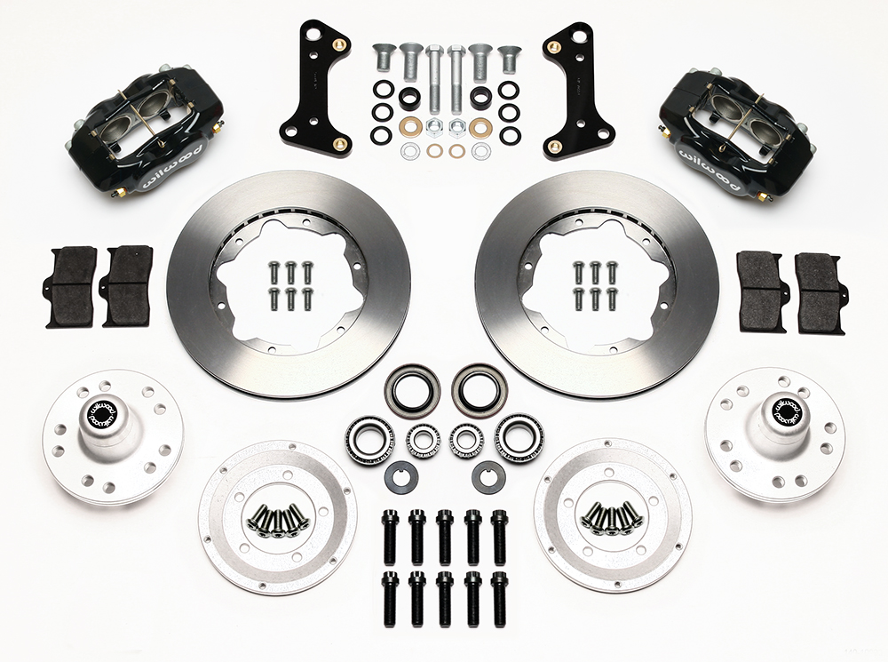 Wilwood Forged Dynalite Pro Series Front Brake Kit Parts Laid Out - Black Powder Coat Caliper - Plain Face Rotor