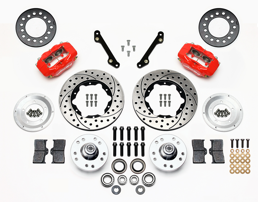 Wilwood Forged Dynalite Pro Series Front Brake Kit Parts Laid Out - Red Powder Coat Caliper - SRP Drilled & Slotted Rotor